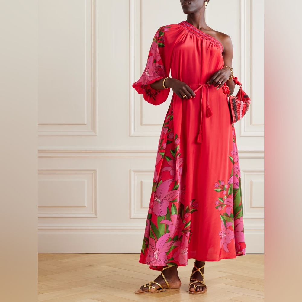 FARM Rio Red One-Shoulder Floral Maxi Dress with Pink Accents